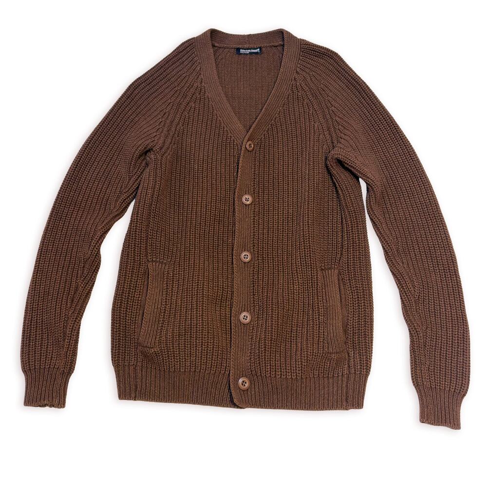 American Apparel Men's Brown V-Neck Cardigan Sweater Size S Classic Grandpa